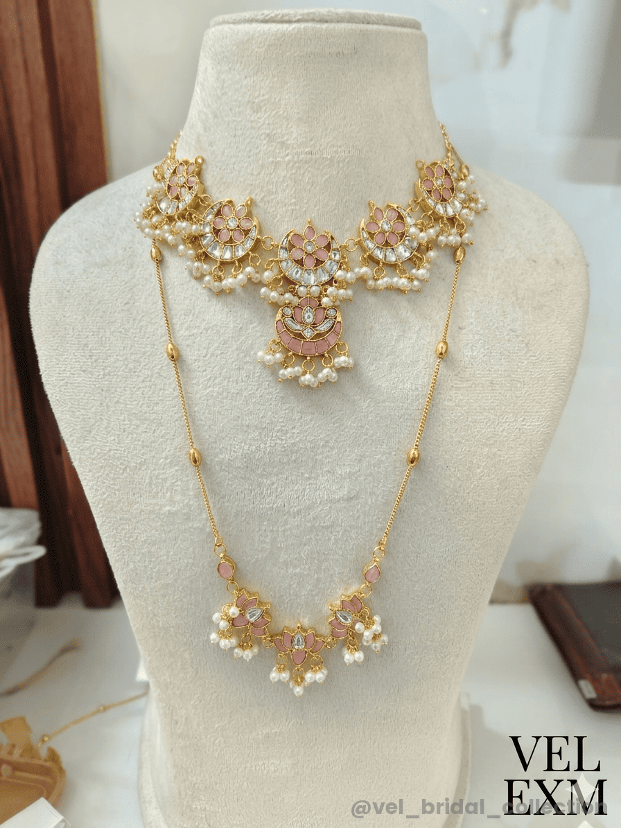 Baby Pink Peach Lotus Jadau Kundan Combo set (All Colors Available )