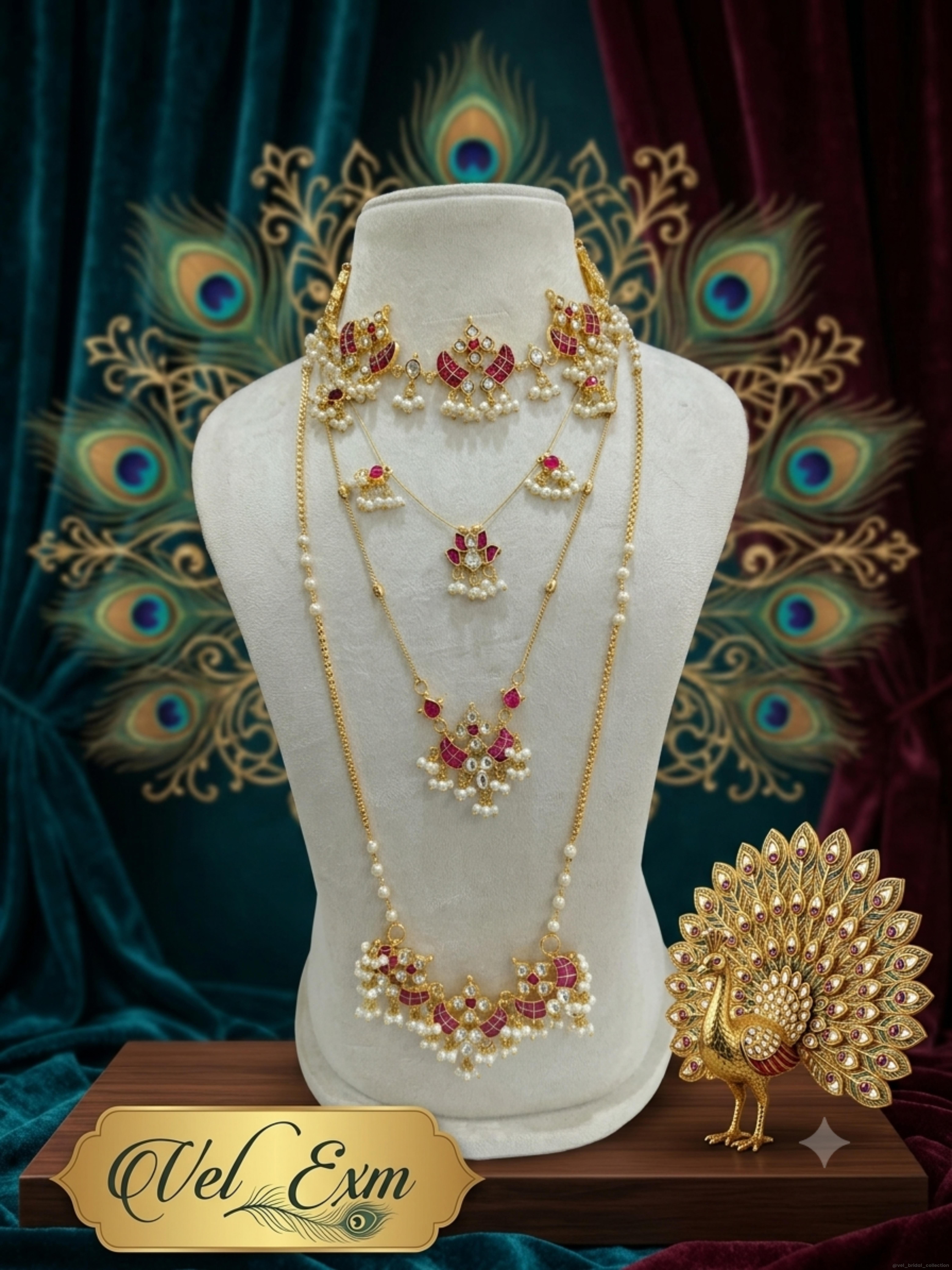 A minimal Jadau Kundan layered bridal jewelry set featuring ruby-red and white stones