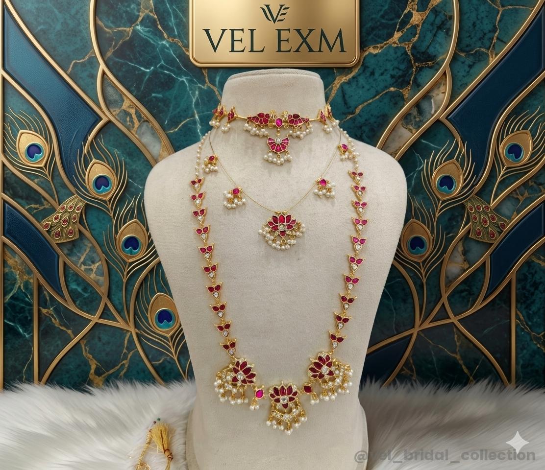 Pink kundan and pearl multi-layered jewelry set